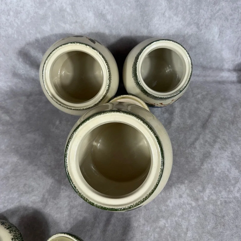 Vtg‎ Kenyield Fruit Canister Set 3pc Ceramic Jars Lids Apple Grape Pear Country